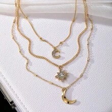 1pc Fashionable Elegant New Rhinestone Octagram Star & Moon Pendant Necklace For Women, Vintage Multi-Layer Necklace Suitable For Wedding, Party Dress, Daily Wear