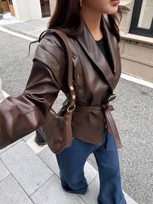 Seelio 秋冬新款女士时尚系带翻领皮夹克 - 棕色 - 查看 4