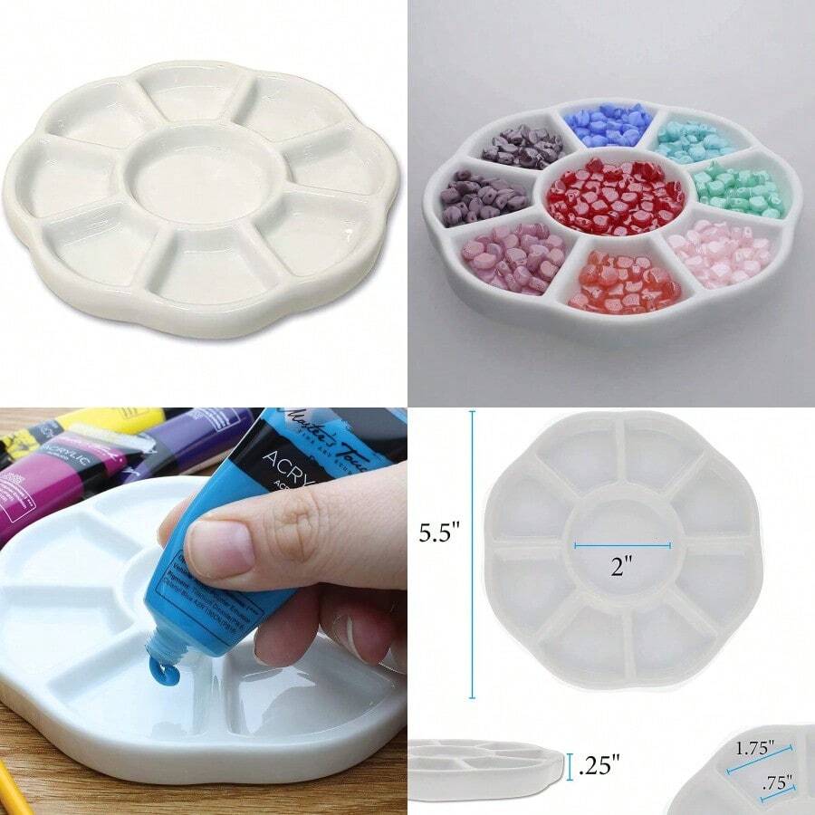 9 Well Porcelain Ceramic Watercolor Paint Palette - Ceramic Mixing Palette Tray Flower Watercolor Dish Gouache Palette For Arts And Crafts Accessories Organizer Mixing Colors 5inch - 9個威爾斯 - 查看 1