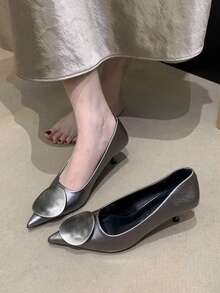 2025 New 5CM Low Heel Shoes, Metal Disc Pointed Toe Thin Heel Pumps, Women's Comfortable Commuting Shoes,Stiletto Heels - Silver - View 3