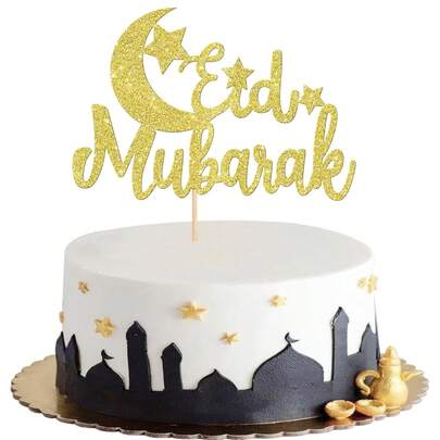 1 st Eid Mubarak tårtdekoration med glitter, månstjärna, Ramadan Kareem, tårtplockare, Hajj Mubarak, Eid-tårtdekoration, islamisk muslimsk temafest, dekorationstillbehör, guld