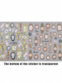 复古浮雕手表图案美甲贴纸，5D金色玫瑰金手表时钟扑克牌蝴蝶结数字图案压花自粘美甲装饰滑块美甲沙龙DIY用品 - 彩色 - 查看 17