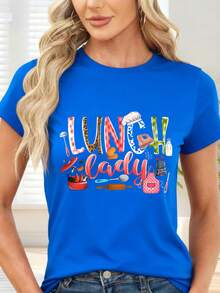 T-Shirt With Kitchen Print And Lunch Lady Text For Cooking And Home Cooking - Blue - View 6