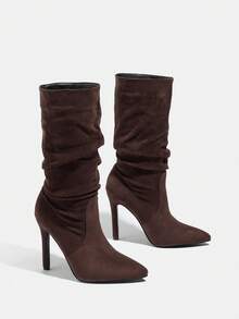 秋冬女式黑色尖头绒面革侧拉链高跟靴，保暖百搭派对踝靴，深棕色中筒靴 - 深棕色 - 查看 4