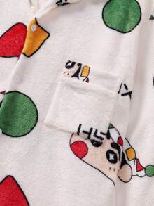 CRAYON SHINCHAN 2件套可爱蜡笔小新珊瑚绒柔软亲肤卡通印花开衫和裤子女士睡衣套装，随机印花，春秋 - 白色 - 查看 9