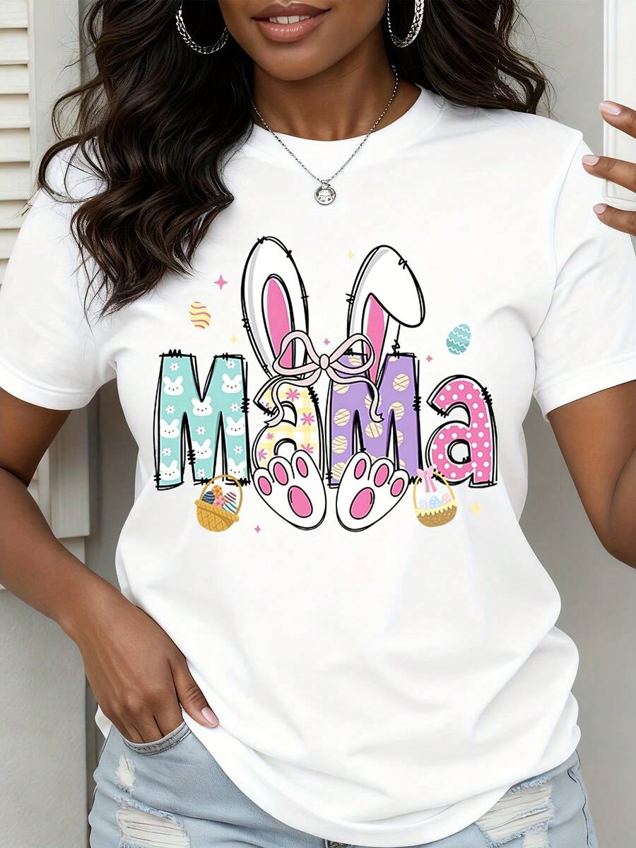 Easter Mama Bunny Ears Paw Print T-Shirt Women Spring Easter Gift Cute Animal Themed Shirt Mother Easter Outfit Fashion Top - 白色 - 查看 1
