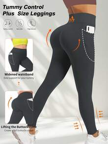 大码女式口袋紧身裤，高腰不透明收腹运动紧身裤，高腰七分健身紧身裤带口袋，春季跑步紧身裤 - 深灰色 - 查看 5