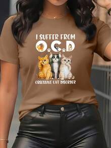 Camiseta gráfica "Sufro de TOC" para hombres y mujeres con gatos de dibujo animado - Casual, de manga corta, cuello redondo, comodidad para todas las estaciones, ropa casual de vacaciones, ropa casual| Diseño Juguetón| Cómodo - Negro - Ver 7