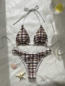 Sexy Plaid Lace Halter Neck Bikini Swimsuit With Tie Strap, Suitable For Beach, Pool Party - Champagne - View 2