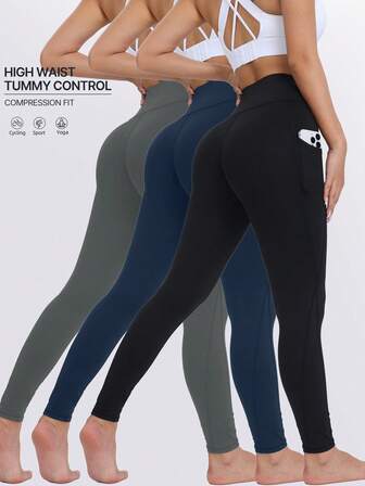 3 piezas Leggings de compresión con bolsillos laterales y cintura alta para mujeres, que absorben la humedad, transpirables, adecuados para correr, hacer ejercicio, deportes al aire libre, ciclismo, fitness, yoga, pilates, todo el año