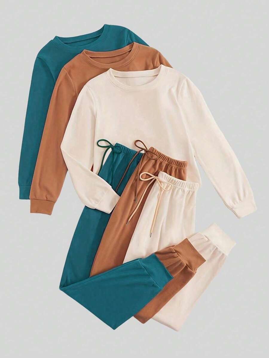 3pcs Women Pajama Set: Long Sleeve Crew Neck Top And Comfortable Drawstring Pants - Easy Care, Knit Fabric, Suitable For Spring, Autumn, Winter, Casual Outings And Lounging, Cozy Outfit, Fall Clothes - Nhiều màu - Xem 1