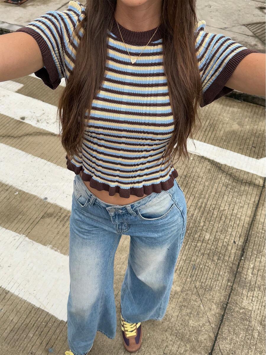 ملابس علوية تريكو مضلع بألوان مسدود الأكمام قصير الأكمام للنساء من سيرين، بتصميم ضيق مناسب للارتداء اليومي والشارع والتنقل، بأسلوب عصري Y2K، ملابس شارع، أنماط رجعية