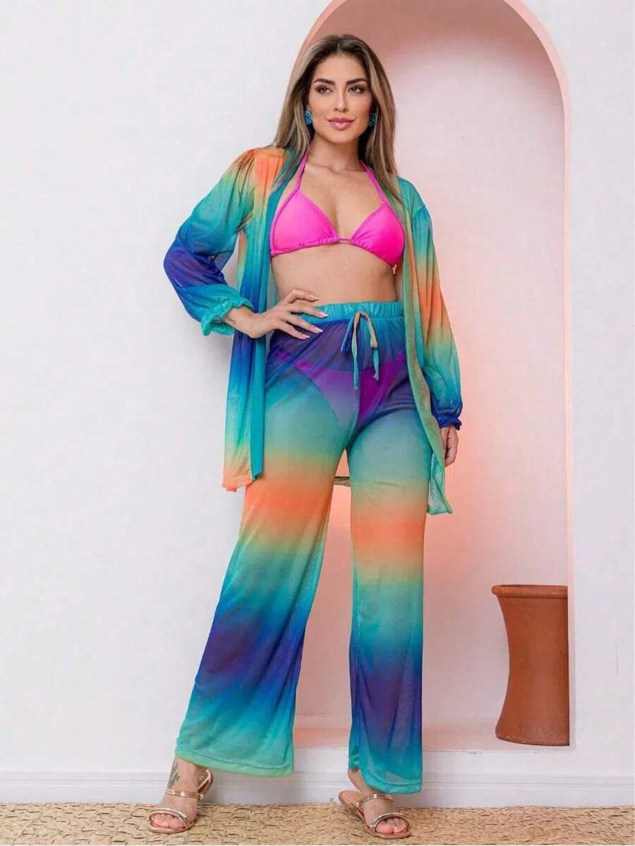 Printed Tulle Beach Cover-Up Shirt And Pants Set - Teal Blue - View 1
