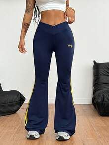 女士休闲喇叭裤，撞色条纹拼接 - 藏蓝色 - 查看 3