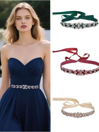 1件奢华水晶装饰婚纱腰带，手工制作藏蓝色水晶花朵新娘腰带，婚礼配饰，伴娘腰带