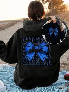 1PCSWomen's Casual Cotton Hoodie With Cheerleading Bow And Text Print  Soft And Comfortable Pullover Sweatshirt For Everyday Style  Perfect For Cheer Squads & Spirit Wear!-Premium Cotton Graphic Printed Round Neck T-Shirts-365T - 黑色 - 查看 1