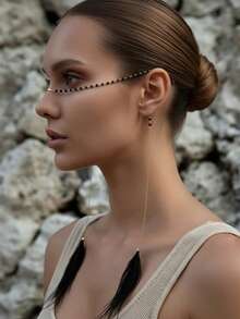 1pc Boho Gold Black Beaded Face Chain Jewelry With Black Tassel Feather Festival Party Nose Chain Face Jewelry Halloween Gifts - Multicolor - View 2