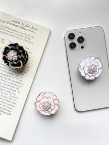 1pc Metal & Pearl Flower Decor Luxury Desk Slouchy Phone Holder, Extendable Phone Stand Compatible With IPhone, Android Phone, Gift For Birthday, Family, Friends Gifts Birthday Push-Pull Phone Grip - Multicolor - View 3