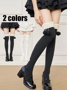 1双仿毛球过膝袜，加厚保暖，可爱洛丽塔风格，适合秋冬季穿着 - 彩色 - 查看 2