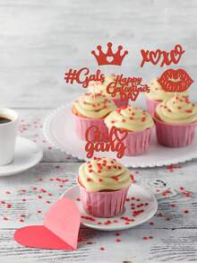 12pcs Red Happy Galentine's Day Cake Decorations - Glitter Bestie Holiday Love Lips XOXO Cupcake Toppers - Suitable For Galentine's Day Friends Party Decor, Valentine's Day Party Decor - Multicolor - View 5