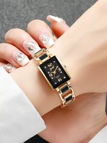 2 件/套女士时尚休闲方形水钻表盘石英手链手表组合（不含手表） - 黑與白 - 查看 2