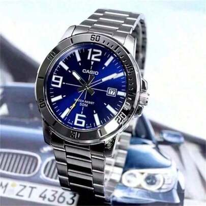 Casio 卡西欧 MTP-VD01D-2B 男士不锈钢表带石英模拟手表，运动设计，适合日常佩戴，男士礼物