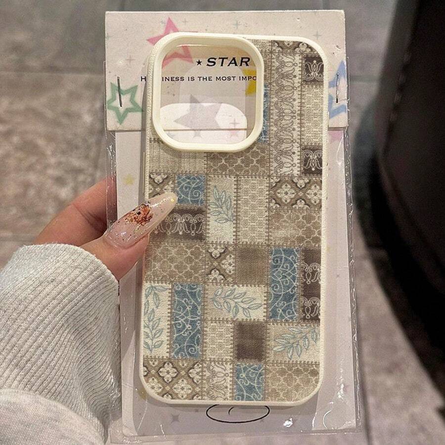 Splicing 1pc TPU Soft Vintage Patchwork Pattern Phone Case Compatible With IPhone 17 Pro Max/17/16 Pro Max/15/13/12/11, S20 FE/A15/S24/A55, Compatible With Redmi Note 11/12/13 Pro, Full-Body Shockproof Protective Cover,International Version, Not The Domestic Version - White - View 1