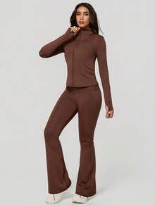 一套女士时尚修身立领拉链拇指孔长袖紧身喇叭裤运动服套装 - 咖啡棕 - 查看 5