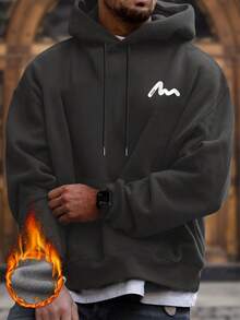 男士印花抽绳连帽卫衣，秋冬款，长袖上衣 - 深灰色 - 查看 4