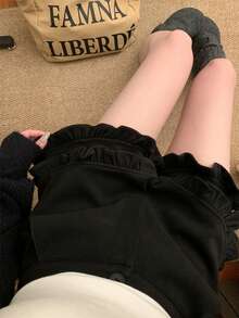 Women's Ruffle Waist + Pocket Design Fleece Shorts, Casual Home Wear/Soft Girl Streetwear, Relaxed Fit Basic Black Comfortable Pants, Autumn/Winter