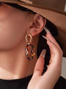 1 Set de joyería vintage con estampado de leopardo, que incluye pulsera de acero inoxidable con nariz de cerdo de resina, aretes y collar, un diseño único - Dorado - Ver 3