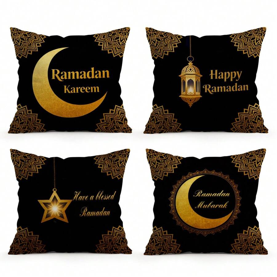 4pcs Ramadan Crescent Moon Pattern Pillow Cover, Single-Sided Printed Cushion Cover, Suitable For Living Room, Bedroom, Home Decor, All Season - Multicolor - View 1