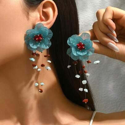 1 par de pendientes elegantes y retro con forma de corazón rojo, ola y flor bohemia exagerada, hecho a mano con piedras pequeñas, conchas, imitación de jade, resina asimétrica y borlas de resina sintética, nuevos pendientes con borlas de flor tejida de perla falsa de resina, pendientes con borlas tejidas con centro de flor de aleación, pendientes con borlas de pétalos transparentes de color rosa claro