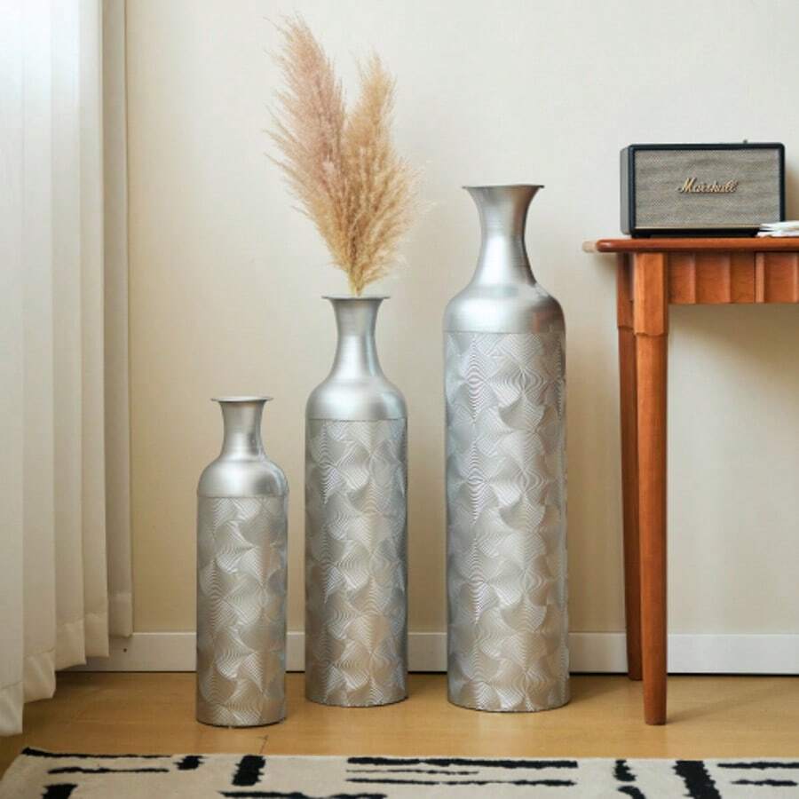 Silver Floor Vase Large -83/65/50cm High Metal Floor Vase Set 3 Retro Floor Vases Pampas Branch High Decorative Vases Floor Living Room Bedroom