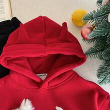 2-5岁男童连帽卫衣，冬季新款毛绒蓬松狗耳朵设计套头衫 - 紅色 - 查看 2