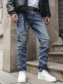 Men's Light Wash Loose Fit Wide Leg Jeans, Long Versatile Streetwear Y2K Style Denim Pants, Suitable Gift For Boyfriend Or Husband - Blue - View 2