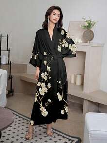 Retro Loose Mid-Length New Chinese Style Fashion Elegant Floral Print Kimono Cover Up, Casual Home Tie-Waist Robe, Summer Beach Swimsuit Cover-Up, Lightweight Jacket - Black - View 1