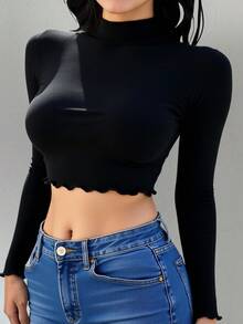 Blusa top acanalado cuello alto corto ajustado entallado moderno juvenil casual elegante versátil chic femenino urbano cómodo primavera verano otoño invierno básico sexy moderno popular - Negro - Ver 8