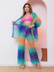 Printed Tulle Beach Cover-Up Shirt And Pants Set - Teal Blue - View 3