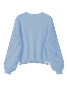 Áo len dài tay cổ tròn màu trơn thường ngày cho nữ, mùa thu/đông - Màu xanh lam - Xem 3