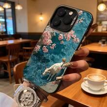 Cubierta de telefono con borde transparente y diseño floral azul con vaca y persona en paisaje acuatico para uso diario en cafeterias - Negro - Ver 2