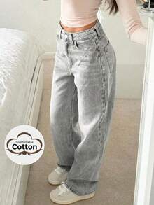 NVFelix 女士宽松直筒牛仔裤，做旧处理，复古休闲Y2K街头风，适合冬季，灰色。感恩节、新年皆宜。