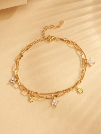 1pc S925 Sterling Silver Bracelet, Clover Zirconia Double-Layer Different Chain Gold/Silver Jewelry, Minimalist Elegant Accessories, Gift For Mother, Girlfriend, Friend, Daily Wear