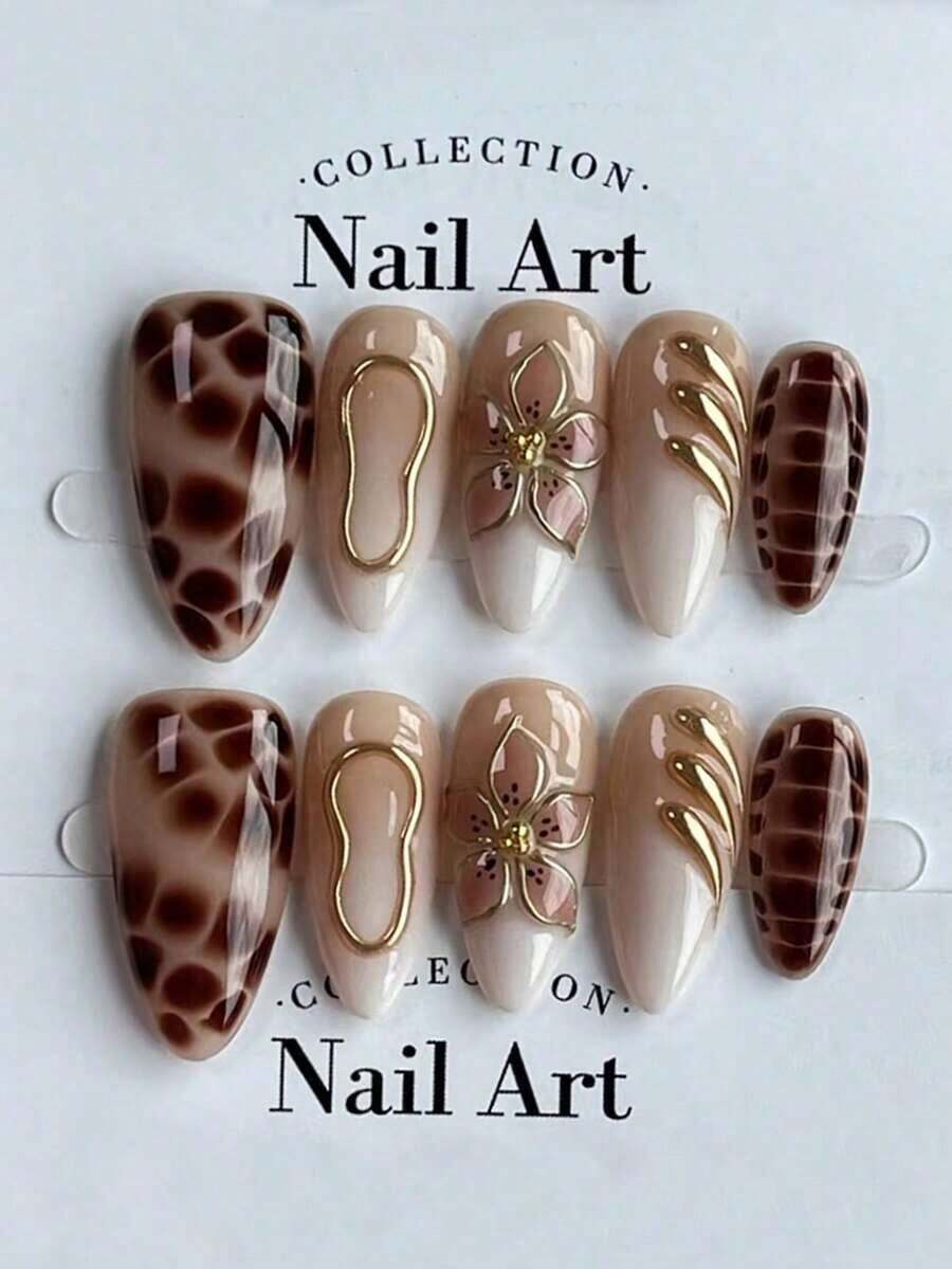 10pcs Brown Almond Shaped Nail Stickers, Playful Y2K Crocodile Print Autumn/Winter Nails, Handmade Gold Flower Short/Medium Fake Nails, Minimalist & Versatile, Suitable For Daily Wear, Parties And Holidays - Removable Press-On Nail Stickers, Nail Extension Stickers, Nail Art Supplies - 棕色 - 查看 1