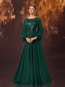 YISIKADO Elegantes Maxikleid für Damen mit Pailletten-Verzierung, weitem Saum und rundem Ausschnitt - Dunkelgrün - Übersicht 3