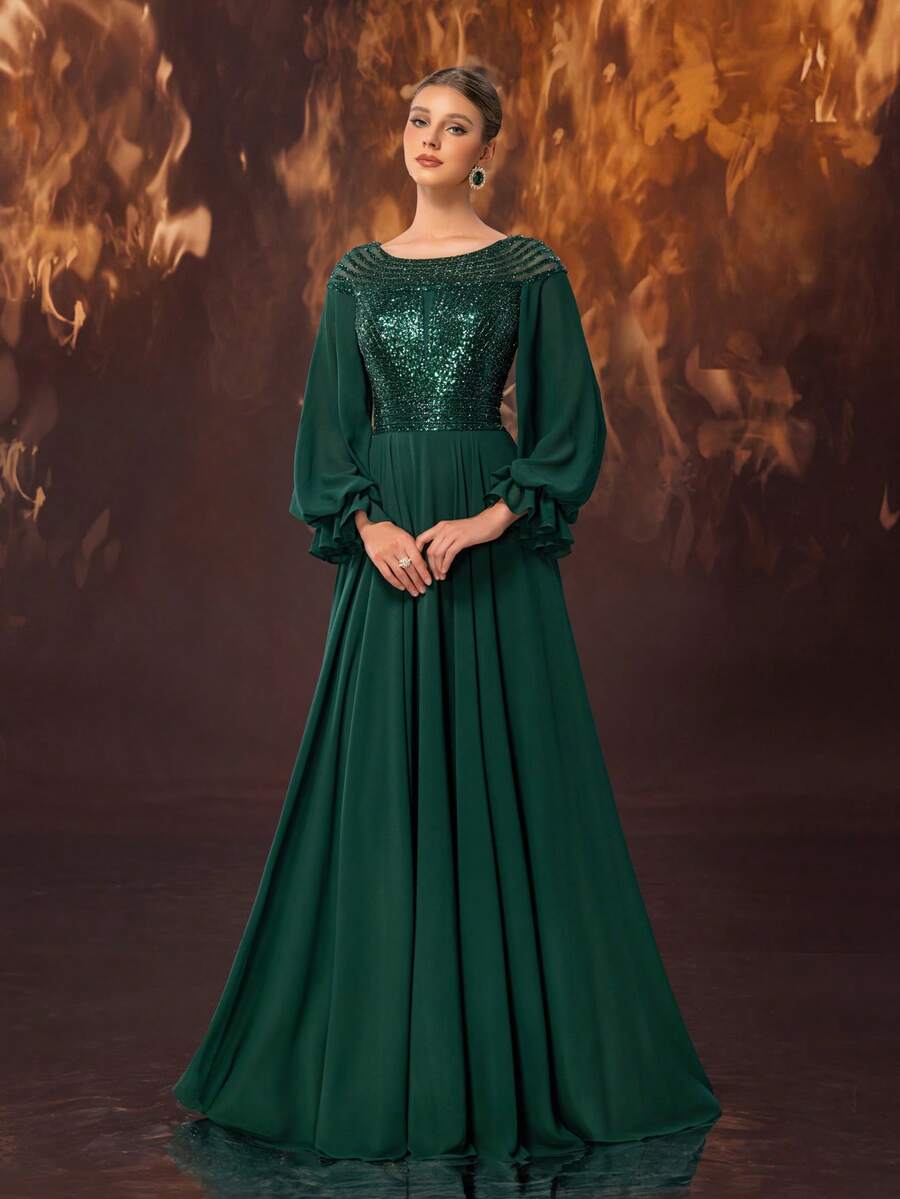 YISIKADO 优雅女士亮片装饰长款连衣裙，喇叭裙摆，圆领 - 墨綠色 - 查看 1