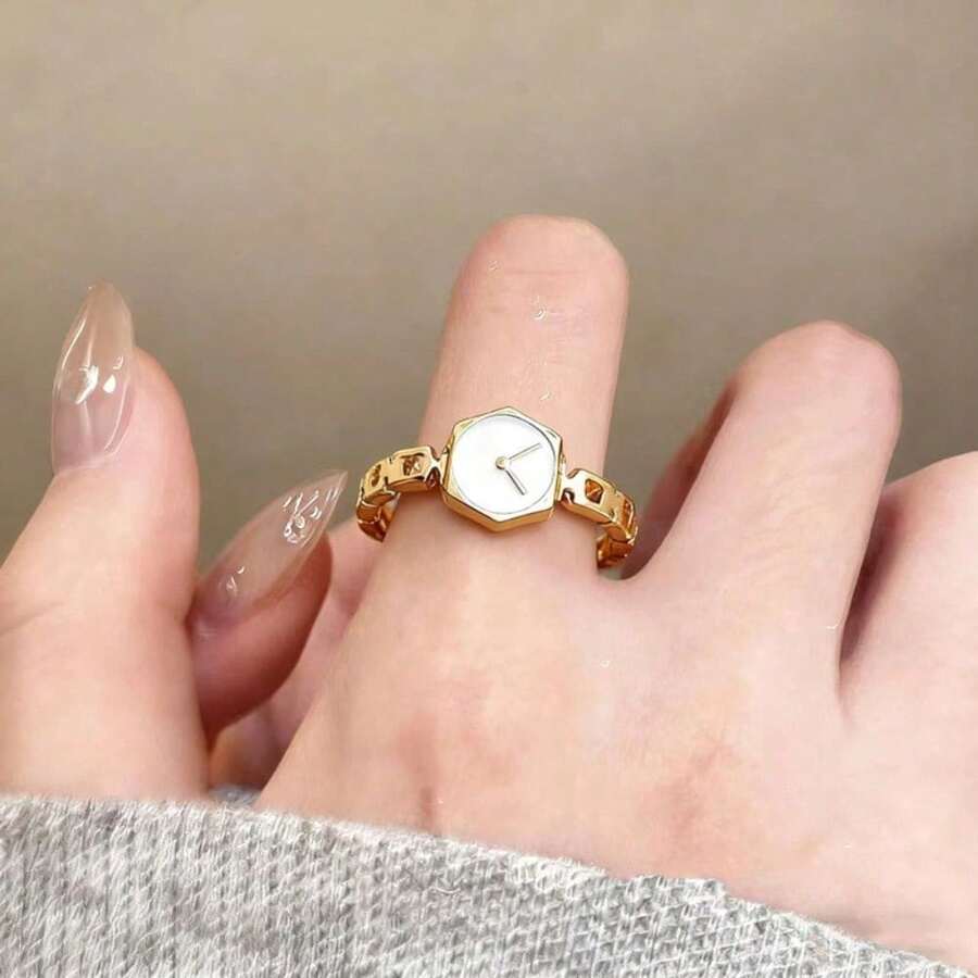 Reverse Clock~ Niche Personalized Design Watch Chain Ring - Gold Watch Ring - View 1