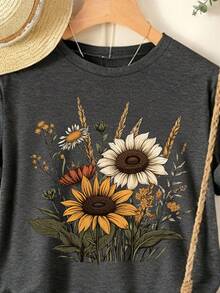 Women's Round Neck Short Sleeve Casual Retro Floral Print T-Shirt, Suitable For Daily Wear In Spring And Summer, The Fabric Is Comfortable And Soft, Suitable Daily Wear. - Dark Grey - View 2