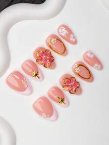 10片/套 手工杏仁形Y2K坏女孩风格美甲贴片，裸色和粉色系，法式贴片，不对称金属液体，雕刻花朵和星星图案，适合女性和女孩，派对、日常佩戴皆宜，包含工具包，精美礼品美甲用品 手工美甲贴片 - 彩色 - 查看 2