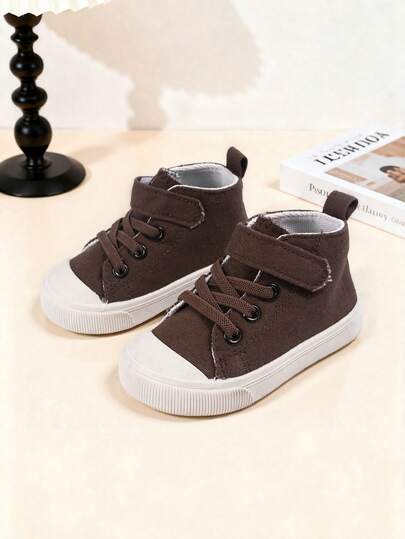 1 Pair Baby Boys' Coffee Color Lace-Up Retro Comfortable Lightweight High-Top Casual Sports Shoes, Suitable For Daily Wear All Seasons